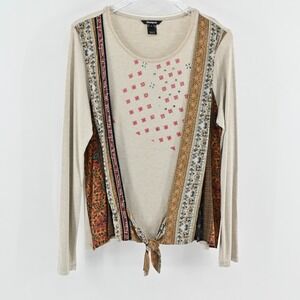 Desigual Womens Tie Front Patchwork Top Size XL Bohemian Artistic Long Sleeve